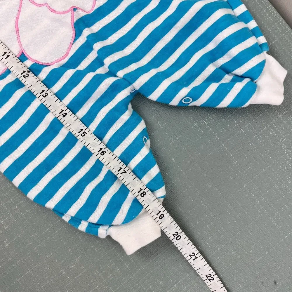 Vintage Hopscotch Blue Striped Teddy Bear Bow Romper 0-6 Months